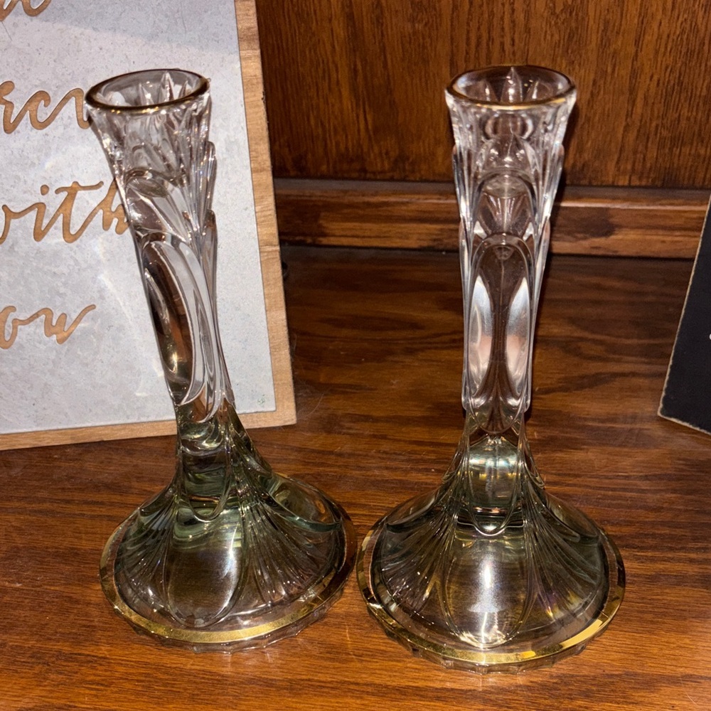 Pair SC Line Italy 24% Lead Crystal Clear aqua/Gold Trim Candlesticks